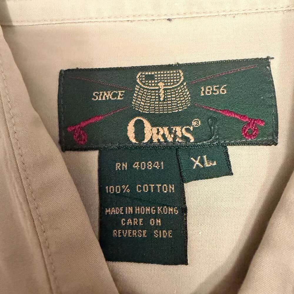 Vintage Orvis Short Sleeve Shirt Size XL Tan Cotton Button Up Pocket Outdoor